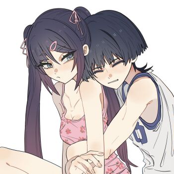 1boy 1girl alternate_costume aqua_eyes arms_around_waist bare_shoulders black_hair blue_trim blunt_bangs blunt_ends camisole casual closed_eyes closed_mouth collarbone contemporary couple eyelashes facing_viewer fingernails floral_print_shirt genshin_impact gradient_hair hair_between_eyes hair_ornament hair_tie hairclip head_on_another&#039;s_shoulder hetero highres hug hug_from_behind jersey long_hair looking_at_another looking_back mona_(genshin_impact) multicolored_hair parted_bangs parted_lips pink_camisole pink_hair scaramouche_(genshin_impact) shirt sidelocks sleeveless sleeveless_shirt smile spaghetti_strap tsurime twintails white_background white_mouth white_shirt wispy_bangs ysnden