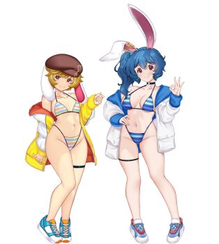 Rule 34 | 2girls, alternate costume, animal ears, arm behind back, bare shoulders, bikini, blonde hair, blue bikini, blue hair, blue shoes, breasts, brown hat, closed mouth, commentary request, down jacket, flat cap, floppy ears, full body, hand on own hip, hand up, hat, hataraki kuma, highleg, highleg bikini, jacket, looking at viewer, lop rabbit ears, medium breasts, multicolored bikini, multiple girls, navel, no socks, ok sign, open clothes, open jacket, rabbit ears, rabbit girl, red eyes, ringo (touhou), shoes, short hair, side ponytail, simple background, small breasts, smile, sneakers, solo, standing, stomach, striped bikini, striped clothes, swimsuit, thigh strap, touhou, white background, white jacket, wide hips, yellow jacket