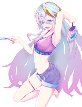 Rule 34 | 1girl, @ @, absurdres, armpits, bra, breasts, commentary request, cybill (snack nili), food, gradient hair, green eyes, grey hair, hakusenn, hand fan, highres, holding, holding fan, holding food, holding popsicle, long hair, medium breasts, midriff, multicolored hair, navel, open mouth, paper fan, pink hair, popsicle, purple bra, purple shorts, shorts, simple background, snack nili, solo, thigh strap, uchiwa, underwear, virtual youtuber, white background