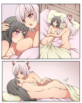2girls ass back bed black_hair blanket bow breast_sucking breasts closed_eyes corrupted_twitter_file fujiwara_no_mokou hand_on_another's_arm hand_on_another's_ass hand_on_another's_head highres houraisan_kaguya long_hair looking_at_another multiple_girls nude pillow pink_hair red_eyes scene_reference smile suwaneko touhou trembling under_covers yuri