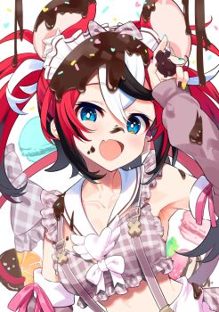 Rule 34 | 1girl, :d, alternate costume, animal ears, armpits, black hair, black streaks, blue eyes, breasts, bright pupils, brown shirt, chocolate on head, colored tips, cropped shirt, detached sleeves, extra ears, fang, frilled shirt, frills, gingham shirt, hakos baelz, hand up, highres, hololive, hololive english, kutata, long hair, looking at viewer, medium breasts, mouse ears, mouse girl, mouse tail, multicolored hair, open mouth, red hair, sailor collar, shirt, skin fang, smile, solo, suspenders, tail, upper body, virtual youtuber, white pupils, white sailor collar, white streaks