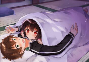 1boy 1girl black_jacket black_sleeves blanket blush brown_hair commentary cowlick cuddling dilated_pupils feet futon girl_on_top green_eyes grey_shirt hand_on_another&#039;s_chest head_on_chest highres jacket kono_subarashii_sekai_ni_shukufuku_wo! long_sleeves looking_at_another lying lying_on_person megumin on_back on_bed on_person on_stomach open_clothes open_hand open_jacket open_mouth pillow pink_sleeves raised_eyebrows red_eyes satou_kazuma shared_blanket shirt short_hair small_sweatdrop smile sweat symbol-only_commentary tatami under_covers very_short_hair yuno_(suke_yuno)