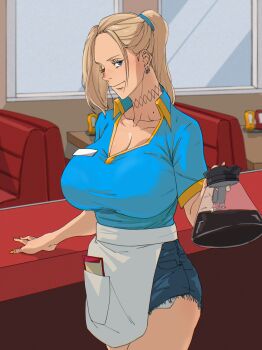 1girl apron arm_support barbell_piercing blonde_hair blue_eyes blue_hairband blue_shirt booth_seating breasts choker cleavage closed_mouth coffee coffee_pot collared_shirt commentary_request counter cutoffs denim denim_shorts earrings freckles hairband high_ponytail highres huge_breasts indoors jewelry ketchup_bottle large_breasts long_hair looking_to_the_side mattsun_(lyohei) mole mole_on_neck mustard_bottle name_tag notepad one_eye_closed orange_nails original piercing ponytail restaurant shirt short_shorts shorts sidelocks smile solo table waist_apron waitress window