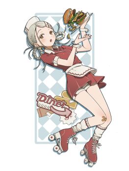 Rule 34 | 1girl, alternate hairstyle, apron, argyle background, bandaid, bandaid on knee, bandaid on leg, blue background, blush, bracelet, braid, braided hair rings, burger, colored eyelashes, dot nose, dress, earrings, employee uniform, fast food uniform, food, french fries, full body, gakuen idolmaster, grey hair, hair ornament, hair rings, hairclip, hat, highres, holding, holding plate, idolmaster, jewelry, long hair, looking at viewer, miniskirt, nail polish, open mouth, orange eyes, parted bangs, plate, red dress, red nails, roller skates, shinosawa hiro, short sleeves, shorts, shorts under skirt, skates, skirt, sks (s3 rosquilla), socks, solo, twin braids, waist apron, white background, white shorts, white socks, white wrist cuffs, wrist cuffs