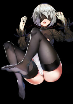 1girl 2b_(nier:automata) ass black_background black_dress black_hairband black_thighhighs blindfold breasts cameltoe cleavage cleavage_cutout clothing_cutout covered_navel dress elbow_gloves feather-trimmed_sleeves feather_trim feet female_focus gloves hairband hands_up hentairo highleg highleg_leotard highres juliet_sleeves knees_up legs_up leotard lips long_sleeves looking_at_viewer lying nier:automata nier_(series) no_mole no_pants no_shoes open_mouth partially_visible_vulva pink_lips puffy_sleeves ribbed_dress round_teeth short_dress short_hair silver_hair simple_background small_breasts soles solo spread_legs string string_of_fate teeth thighhighs thong thong_leotard toes turtleneck white_gloves white_leotard