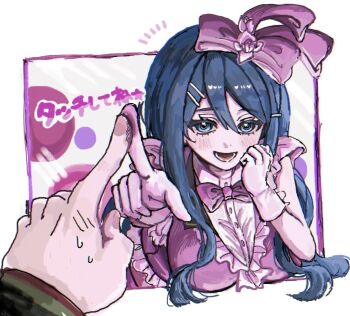 1girl blue_eyes blue_hair blush border bow bowtie collared_shirt danganronpa:_trigger_happy_havoc danganronpa_(series) finger_touching frilled_shirt_collar frills gknx09 gloves hair_ornament hairclip hairpin heart heart-shaped_pupils idol idol_clothes leaning_forward long_hair looking_at_viewer maizono_sayaka multiple_hairpins open_mouth out_of_frame outside_border pink_bow pink_bowtie puffy_short_sleeves puffy_sleeves ringed_eyes shirt short_sleeves smile solo sweatdrop symbol-shaped_pupils white_gloves