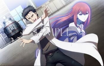 Rule 34 | 1boy, 1girl, :d, anime coloring, artist name, belt, black hair, black pants, black shirt, blue eyes, brown eyes, brown hair, brown jacket, copyright name, dress shirt, dutch angle, fg204, floating hair, hair between eyes, igawa norie, jacket, key visual, lab coat, long hair, looking at viewer, makise kurisu, necktie, official art, okabe rintarou, okabe rintarou (beta), open clothes, open jacket, open mouth, outdoors, pants, promotional art, red necktie, sample watermark, science adventure, shirt, smile, steins;gate, steins;gate 0, time machine, very long hair, watermark, white shirt