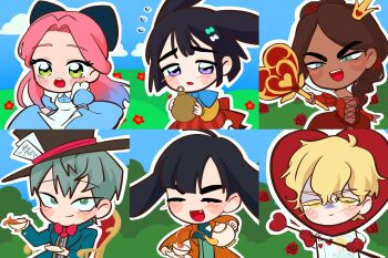 3boys 3girls alice&#039;s_adventures_in_wonderland alien_stage animal_ears apron ascot black_bow black_hair black_hat blonde_hair blue_bow blue_bowtie blue_coat blue_dress blue_hair blue_sky blush bow bowtie brown_coat bush card card_soldier chair chibi chibi_only closed_eyes coat colored_eyelashes commentary cosplay crown cup dark-skinned_female dark_skin dress english_commentary fang floppy_ears flower flying_sweatdrops gloves gradient_hair grass green_eyes green_vest grey_eyes grey_hair hair_bow hair_flower hair_ornament half_updo hat heart highres holding holding_cup holding_pocket_watch holding_polearm holding_saucer holding_scepter holding_teapot holding_weapon hyuna_(alien_stage) ivan_(alien_stage) king_(playing_card) king_of_hearts_(playing_card) long_hair long_sleeves luka_(alien_stage) mad_hatter_(alice_in_wonderland) mad_hatter_(alice_in_wonderland)_(cosplay) march_hare_(alice_in_wonderland) march_hare_(alice_in_wonderland)_(cosplay) mini_crown mirdilean mizi_(alien_stage) multicolored_hair multiple_boys multiple_girls on_chair open_mouth outline pink_hair playing_card pocket_watch polearm pouring puffy_short_sleeves puffy_shorts puffy_sleeves purple_eyes queen_of_hearts_(alice_in_wonderland) rabbit_boy rabbit_ears rabbit_girl red_bow red_bowtie red_dress red_flower red_gloves red_rose red_shorts rose saucer scepter shirt short_hair short_sleeves shorts sitting sky smile striped_coat sua_(alien_stage) teacup teapot till_(alien_stage) top_hat two-tone_hair v-shaped_eyebrows vertical-striped_coat vest watch weapon white_apron white_outline yellow_eyes yellow_shirt