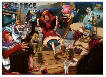 2girls 6+boys afro antlers black_hair blonde_hair blue_hair breasts brook_(one_piece) chain chain_necklace cigarette copyright_name corey_miller earrings enel eyewear_on_head franky_(one_piece) glasses green_hair gun hat horns jewelry katana laughing long_nose medium_breasts monkey monkey_d._luffy multiple_boys multiple_girls nami_(one_piece) necklace nico_robin nose_bubble one_piece open_clothes open_shirt orange_hair pink_hat roronoa_zoro sanji_(one_piece) scar science_fiction shirt short_hair skeleton sleeping smoking space straw_hat sunglasses sword tony_tony_chopper top_hat usopp weapon