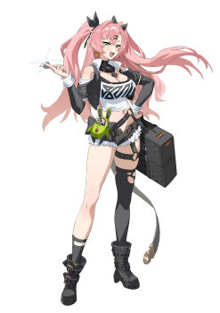 1girl :d absurdres amillion_(zenless_zone_zero) bare_shoulders between_fingers black_boots black_choker black_shorts boots breasts briefcase choker cleavage coin crop_top cropped_vest full_body glint gloves green_eyes hair_ornament hairclip highres holding holding_coin jewelry large_breasts long_hair looking_at_viewer midriff mole mole_on_breast mole_under_eye money navel nicole_demara o-ring off_shoulder open_mouth original pink_hair q_haoyu ribbon short_shorts shorts simple_background single_thighhigh smile solo tachi-e thigh_strap thighhighs twintails two_side_up very_long_hair vest white_background zenless_zone_zero