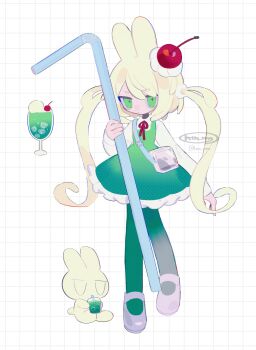 1girl animal_ears blonde_hair cherry_hat_ornament closed_mouth commentary dress drinking_straw food food_on_head green_dress green_eyes green_pantyhose grid_background highres holding holding_drinking_straw htn_nm long_hair looking_at_viewer object_on_head original pantyhose rabbit_ears shoes simple_background solo twintails very_long_hair white_background white_shoes
