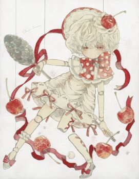 1girl acrylic_paint_(medium) blunt_bangs blush bow cherry commentary_request curly_hair dress floating food fruit full_body highres holding holding_spoon karintoun lace marionette original painting_(medium) pale_skin puppet red_bow red_eyes red_ribbon red_shoes ribbon shoes short_hair signature simple_background solo spoon traditional_media watercolor_(medium) whipped_cream white_background white_hair