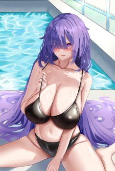 absurdres azur_lane bikini bikini_pull black_bikini blunt_bangs blush breasts cleavage clothes_pull commentary_request eyes_visible_through_hair hair_over_one_eye halterneck highres huge_breasts long_hair looking_at_viewer mogador_(azur_lane) navel open_mouth pool purple_eyes purple_hair sitting smile swimsuit wariza zhangkuo