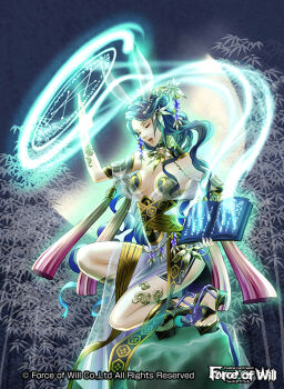 1girl animal_ears bamboo bamboo_forest bare_shoulders blue_hair book center_opening closed_eyes comb copyright_name female_focus flower force_of_will forest hair_flower hair_ornament leaf long_hair magic_circle nagasaki_yuko nail_polish nature night night_sky official_art open_mouth rabbit_ears rock sandals sky solo teeth