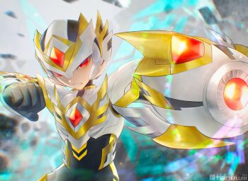 absurdres arm_cannon armor chest_jewel cowboy_shot forehead_jewel helmet highres mega_man_(series) mega_man_x_(series) mega_man_x_dive mega_man_zero_(series) tanewiii twitter_username weapon white_armor white_helmet x-kai_(mega_man)