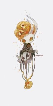 2others artist_name black_cloak blank_eyes broken_vessel_(hollow_knight) chinese_commentary cloak commentary_request dripping_eye film_grain full_body halftone hightguy hollow_eyes hollow_knight horned_mask knight_(hollow_knight) liquid looking_at_viewer looking_down mask multiple_others no_humans signature simple_background standing twitter_username white_background white_mask yellow_eyes yellow_liquid