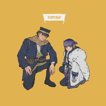 Rule 34 | 1boy, 1girl, absurdres, asirpa, black boots, black coat, black hair, black pants, blue headband, boots, cape, closed mouth, coat, commentary request, copyright name, earrings, full body, fur cape, golden kamuy, hat, headband, highres, hoop earrings, jewelry, kome uo, light smile, long hair, looking at viewer, military hat, military uniform, on one knee, orange background, pants, parted lips, print scarf, scar, scar on face, scar on nose, scarf, shirt, short hair, sugimoto saichi, white cape, white coat, white shirt