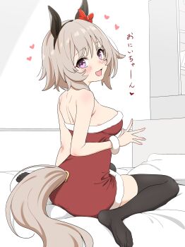 1girl absurdres animal_ears bed_sheet black_thighhighs blush bow breasts curren_chan_(umamusume) dress ear_bow ear_covers grey_hair grey_tail highres horse_ears horse_girl horse_tail looking_at_viewer medium_breasts on_bed open_mouth purple_eyes red_bow red_dress santa_costume santa_dress short_hair sincos smile solo tail thighhighs thighs umamusume