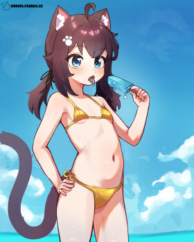 1girl ahoge animal_ear_fluff animal_ears artist_logo artist_name bikini blue_eyes blue_sky blush breasts brown_hair cat_ears cat_tail character_request copyright_request cowboy_shot day dot_nose fanbox_username food gold_bikini hair_ribbon hand_on_own_hip highres holding holding_food holding_popsicle kurohi_drw logo loli navel ocean outdoors popsicle ribbon side-tie_bikini_bottom sky small_breasts solo standing swimsuit tail tongue tongue_out twintails