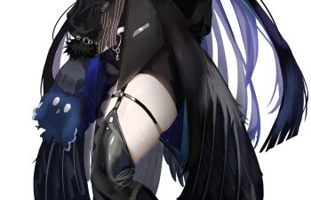 Rule 34 | 1girl, animal, asymmetrical legwear, black feathers, black gloves, black hair, blue hair, blue wings, canvas sensei, feathers, fur-trimmed sleeves, fur trim, gloves, highres, holding, holding animal, hololive, hololive english, jailbird (nerissa ravencroft), long hair, lower body, mismatched legwear, multicolored hair, nerissa ravencroft, nerissa ravencroft (1st costume), o-ring, o-ring thigh strap, simple background, thigh focus, thigh strap, thighs, two-tone hair, very long hair, virtual youtuber, white background, wings