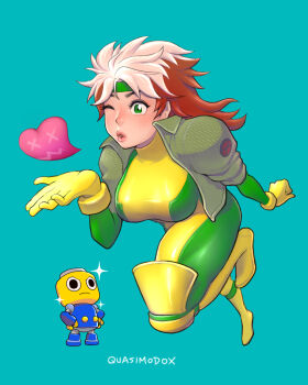 1girl 1other absurdres artist_name blowing_kiss blue_background bodysuit boots breasts brown_hair collared_jacket gloves green_bodysuit green_eyes green_headband green_jacket headband heart highres jacket large_breasts long_hair marvel marvel_vs._capcom marvel_vs._capcom_2 mega_man_(series) multicolored_bodysuit multicolored_hair one_eye_closed open_clothes open_jacket parted_lips quasimodox rogue_(x-men) servbot_(mega_man) simple_background sleeves_rolled_up sparkle superhero_costume two-tone_bodysuit two-tone_hair white_hair x-men yellow_bodysuit yellow_boots yellow_gloves