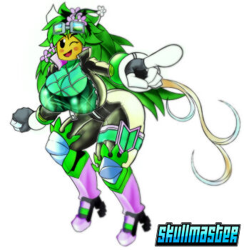 1girl blaster_master_zero_2 blush_stickers bodysuit boots bow breasts bursting_breasts colored_skin flower flower_on_head gloves goggles green_hair green_skin highres huge_breasts kanna_(blaster_master_zero) knee_pads leaves monster_girl one_eye_closed open_mouth plant_girl pointing shiny_clothes smile solid_oval_eyes solo tail thick_thighs thighs tongue white_background zipper