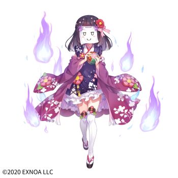 black_hair commentary_request floral_print flower fortress_girl frilled_skirt frills hair_flower hair_ornament highres hitodama holding japanese_clothes official_art okobo otosume_ruiko pink_ribbon platform_sandals ribbon sandals skirt thighhighs white_background white_thighhighs wide_sleeves