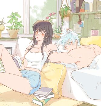 1boy 1girl armpits bare_shoulders basket bed bedroom blanket blue_eyes blue_shorts book bookshelf brown_hair collarbone couple eeeng_l facial_mark flower flower_basket flower_pot gojou_satoru hair_between_eyes hand_on_another's_head head_on_pillow highres holding holding_book hugging_object iori_utahime jujutsu_kaisen long_hair looking_at_another looking_to_the_side mattress mature_female mature_male messy_hair midriff midriff_peek muscular muscular_male navel note one_eye_closed open_book open_mouth orange_eyes photo_(object) pillow pink_flower plant potted_plant scar scar_on_face short_hair shorts sidelocks sitting sticky_note striped_clothes striped_shorts tank_top thighs topless_male under_covers white_blanket white_hair white_pillow white_tank_top yellow_pillow
