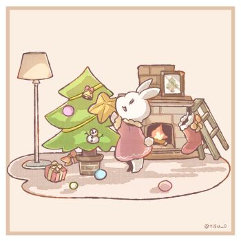 Rule 34 | animal, animal focus, border, box, chigu, christmas ornaments, christmas stocking, christmas tree, commentary request, decorating christmas tree, dress, fireplace, fur-trimmed sleeves, fur trim, gift, gift box, highres, indoors, lamp, no humans, open mouth, original, rabbit, red dress, standing, white border