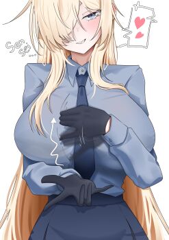 1girl absurdres blonde_hair blue_archive breasts commentary english_text gloves handjob_gesture heart highres kanna_(blue_archive) large_breasts long_hair looking_at_viewer necktie pencil_skirt sharp_teeth shirokami_da shirt simple_background skirt smile teeth