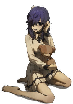 1girl absurdres black_choker black_eyes black_ribbon blue_hair breasts buttons choker collared_shirt creepy_mita_(miside) full_body highres long_sleeves looking_at_viewer medium_hair miside mita_(miside) open_mouth renopang ribbon sharp_teeth shirt simple_background sitting skirt small_breasts solo stuffed_animal stuffed_toy teddy_bear teeth wariza white_background white_shirt white_skirt