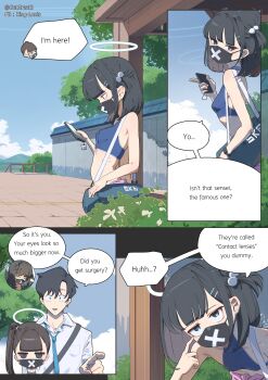 Rule 34 | 1boy, 2girls, absurdres, bikini, black hair, blue archive, breasts, brown hair, english text, hair bobbles, hair ornament, halo, highres, king-lenis, long hair, mask, mouth mask, multiple girls, side ponytail, small breasts, sukeban (smg) (blue archive), sukeban (sr) (blue archive), swimsuit, twintails