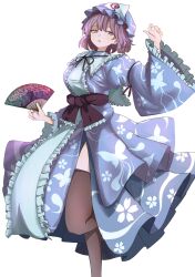 Rule 34 | 1girl, absurdres, animal print, black thighhighs, blue hat, blue kimono, butterfly print, frilled kimono, frilled sleeves, frills, hand fan, hat, highres, holding, holding fan, japanese clothes, kimono, mesuosushi, mob cap, pink eyes, pink hair, print folding fan, print kimono, saigyouji yuyuko, short hair, simple background, solo, standing, standing on one leg, thighhighs, touhou, triangular headpiece, white background, wide sleeves