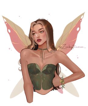 Rule 34 | 1girl, blonde streaks, bracelet, choker, colored bangs, crop top, cropped torso, earrings, eyelashes, fairy, fairy wings, flora (winx club), forehead, gold earrings, green choker, green eyes, green shirt, hand on own hip, highres, hoop earrings, jewelry, leaf bracelet, leaf print, leaf wings, light particles, long hair, looking to the side, mole, mole on arm, mole on cheek, mole on forehead, mole on neck, mole under eye, multicolored hair, multiple moles, olive, parted bangs, redesign, shirt, strapless, tan, thick eyebrows, thick lips, twitter username, two-tone hair, upper body, wavy hair, white background, wings, winx club, zeebythesea
