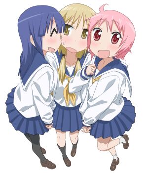 3girls :d ^_^ absurdres ahoge blonde_hair blue_hair blue_sailor_collar blue_skirt blush closed_eyes commentary_request full_body hei_taiyou highres hinata_yukari ichii_yui loafers long_hair long_sleeves low_twintails multiple_girls neckerchief nonohara_yuzuko open_mouth pink_eyes pink_hair pleated_skirt sailor_collar school_uniform serafuku shirt shoes short_hair simple_background skirt smile socks sweatdrop twintails white_background white_shirt yellow_eyes yellow_neckerchief yuyushiki yuyushiki's_school_uniform