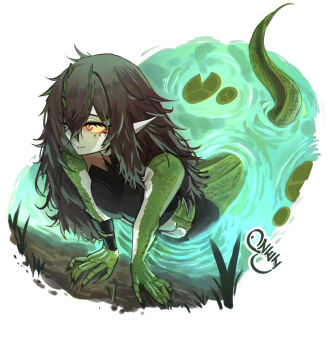 1girl black_nails black_pants black_shirt brown_hair colored_sclera commentary crocodile_girl crocodilian_tail english_commentary fang green_scales green_streaks highres indie_virtual_youtuber kairyu_crocodile looking_at_viewer pants partially_submerged pointy_ears red_eyes shirt skin_fang sleeveless sleeveless_shirt smile solo szei tail virtual_youtuber yellow_sclera