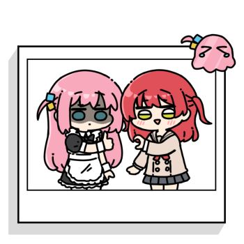 >_< 2girls apron black_dress blue_eyes bocchi_the_rock! bow chibi chibi_only commentary_request dress gotoh_hitori gotoh_hitori_(octopus) heart_hands_failure kita_ikuyo long_hair long_sleeves multiple_girls one_side_up pink_hair pleated_skirt red_bow red_hair sailor_collar shaded_face skirt triangle_mouth white_apron yakotako yellow_eyes