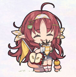 Rule 34 | 1girl, :p, ahoge, apple, apple hair ornament, arknights, bag, brown hair, chibi, closed eyes, closed mouth, collared shirt, crepe, facing viewer, food, food-themed bag, food-themed hair ornament, fruit, golden apple, grey background, hair ornament, hairband, hairclip, highres, holding, holding food, long hair, myrtle (arknights), necktie, overall skirt, parted bangs, pennant, pink footwear, pointy ears, polka dot hairband, red necktie, red shirt, saipaco, shirt, shoes, short sleeves, shoulder bag, simple background, sitting, smile, socks, solo, star (symbol), star hair ornament, tongue, tongue out, very long hair, white hairband, white socks