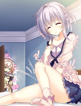 1boy 3girls aria_(koiiroharemoyou) asuka_minato black_hair blonde_hair blue_hair blush braid closed_eyes closed_mouth collarbone commentary_request convenient_leg frown green_eyes hair_between_eyes heart implied_ejaculation implied_masturbation indoors kifune_yuzu knee_up light_purple_hair multiple_girls o_o off_shoulder on_bed oogaki_hinata orgasm otome_domain peeking_out photoshop_(medium) plaid_clothes plaid_skirt saionji_kazari saliva short_hair sitting skirt sound_effects thighs trap voyeurism wavy_mouth