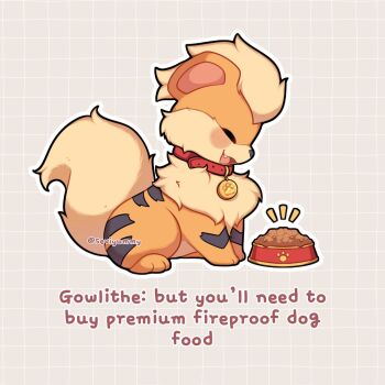 Rule 34 | animal focus, blush, bowl, closed eyes, collar, english text, fang, gen 1 pokemon, growlithe, nintendo, no humans, open mouth, orange fur, pet bowl, pet food, pokemon, pokemon (creature), pokemon focus, sevi (seviyummy), simple background, smile, tail