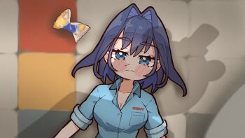 1girl blood blue_eyes blue_hair blue_shirt blush_stickers breasts cleavage commentary cosplay dispatch english_commentary hair_between_eyes hair_intakes highres hololive kukie-nyan large_breasts looking_at_viewer lying nosebleed on_back ouro_kronii robert_robertson robert_robertson_(cosplay) scene_reference shadow shirt short_hair short_sleeves solo twinkies virtual_youtuber wing_collar