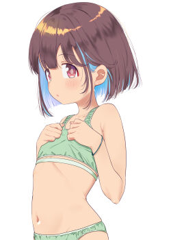 1girl :o absurdres blue_hair bra breasts brown_eyes brown_hair green_bra green_panties highres hozuki_momiji loli multicolored_hair navel onii-chan_wa_oshimai! panties parted_lips shiina_excel short_hair skirt small_breasts smile solo standing stomach two-tone_hair underwear underwear_only white_background