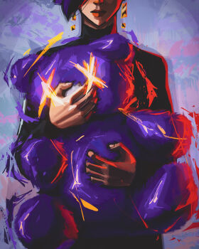 Rule 34 | 1girl, absurdres, black shirt, closed mouth, commentary, cowboy shot, earrings, english commentary, eyes out of frame, facing viewer, head out of frame, highres, holding, holding stuffed toy, jewelry, lips, object focus, original, purple background, purple hair, shirt, short hair, solo, stuffed animal, stuffed toy, teddy bear, titanartx, x eye