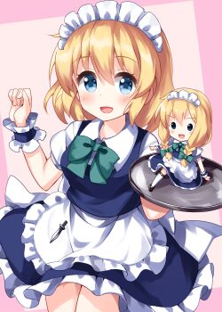 Rule 34 | 1girl, alice margatroid, apron, arm up, black eyes, black shoes, blonde hair, blue dress, blue eyes, blush, bow, bowtie, braid, breasts, collared shirt, commentary request, cosplay, doll, dress, green bow, green bowtie, hair between eyes, hair bow, hand up, hands up, highres, izayoi sakuya, izayoi sakuya (cosplay), kneehighs, knife, long hair, looking at viewer, looking to the side, maid, maid headdress, medium breasts, one-hour drawing challenge, pink background, puffy short sleeves, puffy sleeves, ruu (tksymkw), shanghai doll, shirt, shoes, short hair, short sleeves, smile, socks, solo, standing, touhou, tray, twin braids, weapon, white apron, white shirt, white socks, wrist cuffs