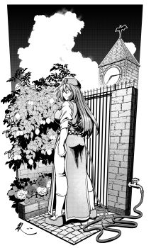 1girl bat_ornament beret brick_wall china_dress chinese_clothes clock clock_tower cloud dress faucet flower frilled_vest frills fruit_tree garden gate greyscale hat hat_ornament highres holding holding_hose hong_meiling hose koyubi_(littlefinger1988) long_hair looking_back monochrome no_socks pants shoes sleeves_rolled_up solo standing star_(symbol) star_hat_ornament touhou tower tree vest