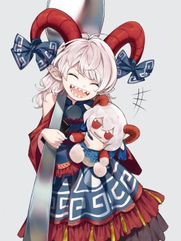 Rule 34 | +++, 1girl, blue dress, character doll, closed eyes, commentary, detached sleeves, doll, dress, embellished costume, facing viewer, fumo (doll), grey background, grey hair, hashtag-only commentary, highres, holding, holding doll, holding spoon, horn ornament, horn ribbon, horns, keiki8296, long hair, meandros, open mouth, oversized object, photo-referenced, pointy ears, red horns, red sleeves, ribbon, sharp teeth, sheep horns, simple background, smile, solo, spoon, teeth, touhou, toutetsu yuuma