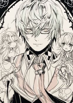 1boy 2girls black_jacket bright_pupils closed_mouth collared_shirt flower glasses green_hair grimms_notes hair_between_eyes hair_intakes holding holding_sword holding_weapon jacket jacob_grimm_(grimms_notes) jacob_grimm_(original)_(grimms_notes) looking_at_viewer mini_person minigirl multiple_girls muted_color necktie nikosuke open_mouth red_necktie red_rose_(grimms_notes) rose shirt short_hair sketch smile spiked_hair sword teeth upper_body upper_teeth_only v-shaped_eyebrows weapon white_pupils white_rose_(grimms_notes) white_rose_(original)_(grimms_notes) yellow_eyes