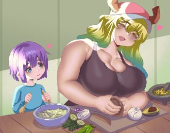 1boy 1girl age_difference avocado bleachedleaves blonde_hair bowl breasts closed_eyes food fruit green_hair happy hat highres horns kobayashi-san_chi_no_maidragon large_breasts lime_(fruit) lucoa_(maidragon) magatsuchi_shouta onion purple_hair size_difference smile standing table
