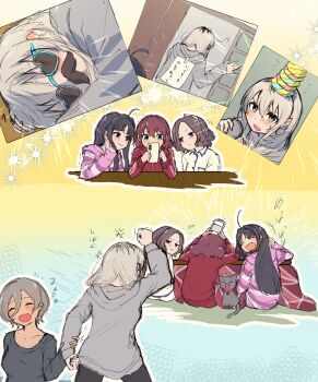 5girls :3 ahoge angry awa_subaru ayataka_syumimi beer_can black_hair black_pants blush can cat cellphone closed_eyes commentary_request drink_can drunk ebizuka_tomo fake_facial_hair fake_mustache girls_band_cry grey_hair grey_hoodie grey_shirt hair_between_eyes hairband head_rest highres holding holding_another&#039;s_wrist holding_can holding_phone hood hood_down hoodie iseri_nina jacket kawaragi_momoka kotatsu long_hair long_hair_between_eyes long_sleeves multicolored_hair multiple_girls novelty_glasses open_mouth pants parted_bangs phone purple_eyes red_eyes red_jacket roots_(hair) rupa_(girls_band_cry) shirt short_hair sidelocks sleeping smartphone squeans sunglasses table togenashi_togeari translation_request white_hairband