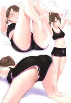 1girl absurdres adjusting_hair all_fours ama_mitsuki armpits arms_behind_head arms_up ass bare_shoulders black_shorts black_sports_bra blush breasts bridle brown_eyes brown_hair collarbone exercising foreshortening from_behind highres lying medium_breasts midriff multiple_views navel non-web_source original panties panty_peek ponytail scan shorts sit-up sports_bra sportswear sweat tight_clothes trembling tying_hair underwear upshorts white_panties
